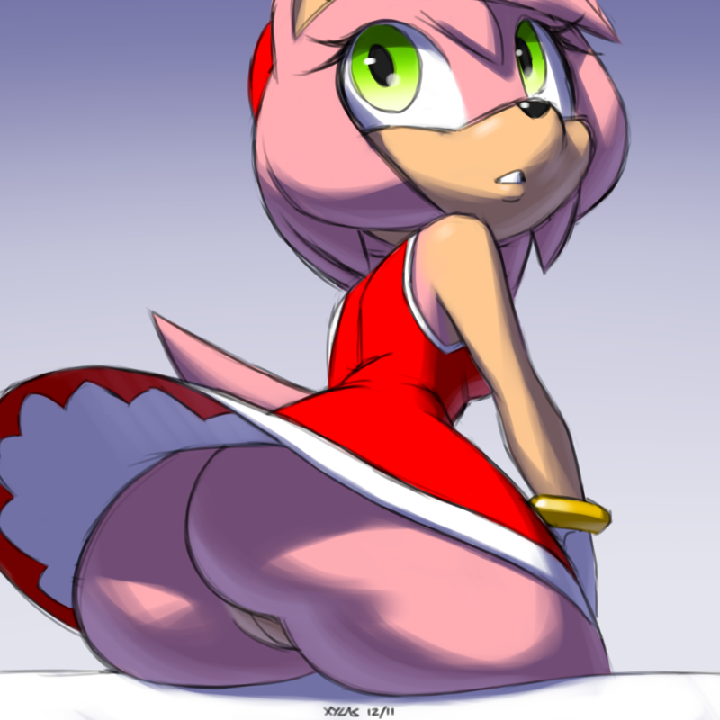 1girl 2015 amy_rose anthro ass bottomless clothed clothing cute dat_ass erinaceinae_humanoid fur furry green_eyes hair half-dressed hedgehog looking_back mammal medium_breasts mobian_(species) pink_fur pink_hair pussy red_dress sega short_hair simple_background sitting skirt sonic_the_hedgehog_(series) upskirt white_gloves xylas