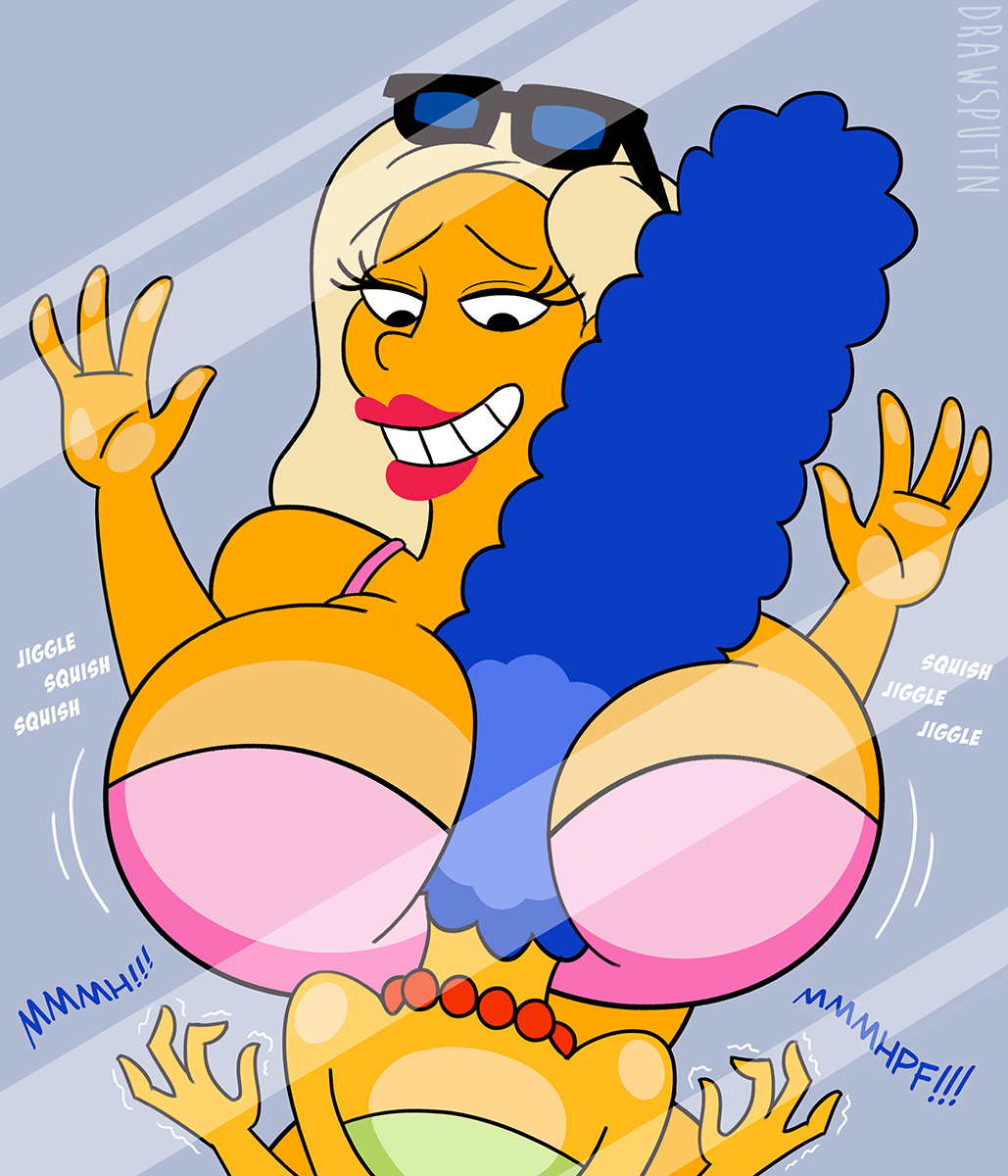 2_girls 2girls blonde_hair blue_hair breast_smother breasts breasts_on_glass drawsputin dress glass green_dress head_between_breasts huge_breasts marge_simpson milf naughty_face necklace pink_tank_top smile sunglasses surprised tank_top the_simpsons titania_(the_simpsons) yellow_skin yuri