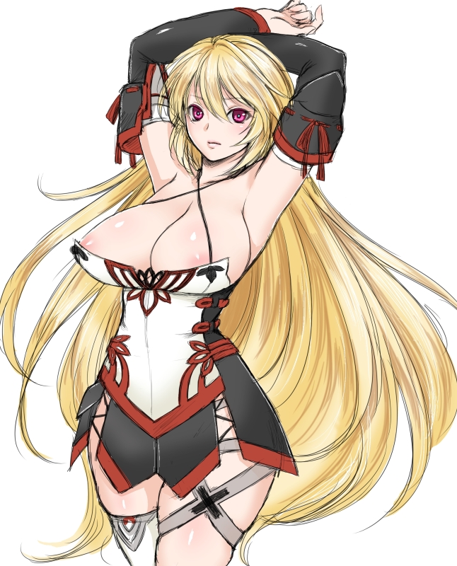 1girl areola_slip areolae armpits arms_up big_breasts blonde_hair breasts detached_sleeves fractured_milla hair horny huge_breasts impossible_clothes large_breasts long_hair milla_(tales_of_xillia_2) nipple_slip nipples purple_eyes slut solo tales tales_of_(series) tales_of_xillia tales_of_xillia_2 thighhighs usaginagomu very_long_hair