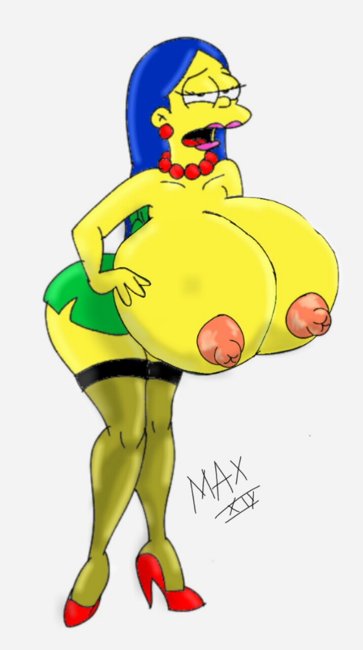 breasts breasts_bigger_than_head breasts_bigger_than_torso cartoon_milf cleavage huge_breasts marge_simpson massive_breasts maxtlat milf nipples the_simpsons white_background whoa_look_at_those_magumbos yellow_skin
