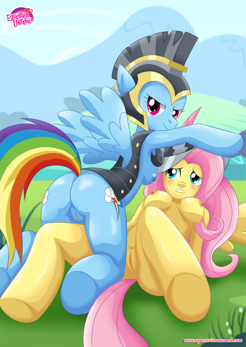 2girls anthro ass bbmbbf blush breasts cutie_mark duo equestria_untamed equine female female_only fluttershy fluttershy_(mlp) friendship_is_magic lying mammal multiple_girls my_little_pony nude on_back palcomix pegasus pussy rainbow_dash rainbow_dash_(mlp) spread_legs spreading tail wings yuri