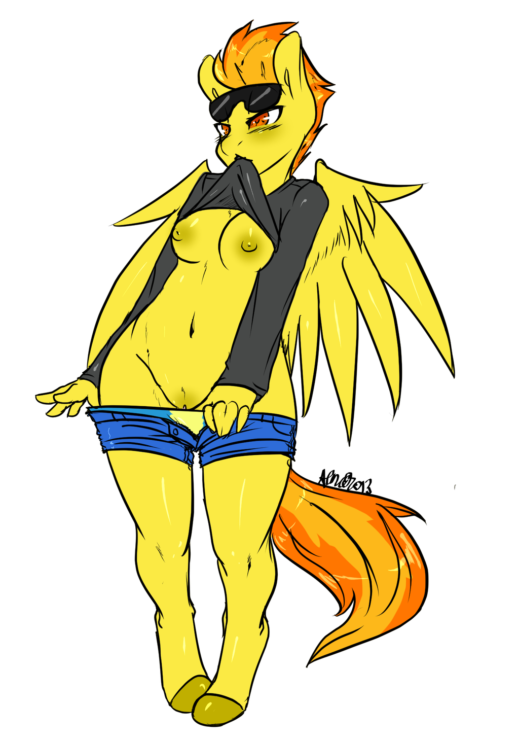 1girl 2013 anthro anthrofied avante92 biped breasts clothing digital_media_(artwork) equine eyewear feathered_wings feathers flashing friendship_is_magic fur furry hair high_res long_tail mammal my_little_pony navel nipples orange_eyes orange_hair orange_tail pegasus pose pussy shirt short_hair shorts simple_background spitfire standing sunglasses undressing white_background wings wonderbolts yellow_feathers yellow_fur yellow_nipples