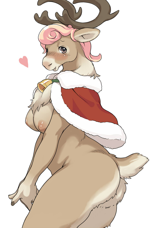 1girl anthro antlers bell blush breasts cape cervine christmas clothing collar fur furry hair heart holidays horn kikurage looking_at_viewer mammal mantle nude pink_eyes pink_hair reindeer simple_background white_background