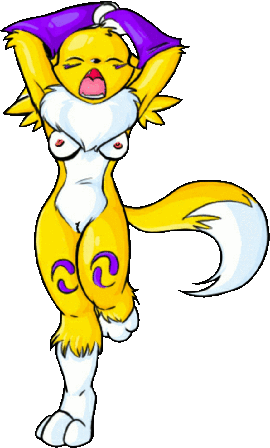 1girl anime anthro breasts cute digimon digimon_tamers fox furry hands_behind_head mammal nipples pussy renamon simple_background tail transparent_background yawning