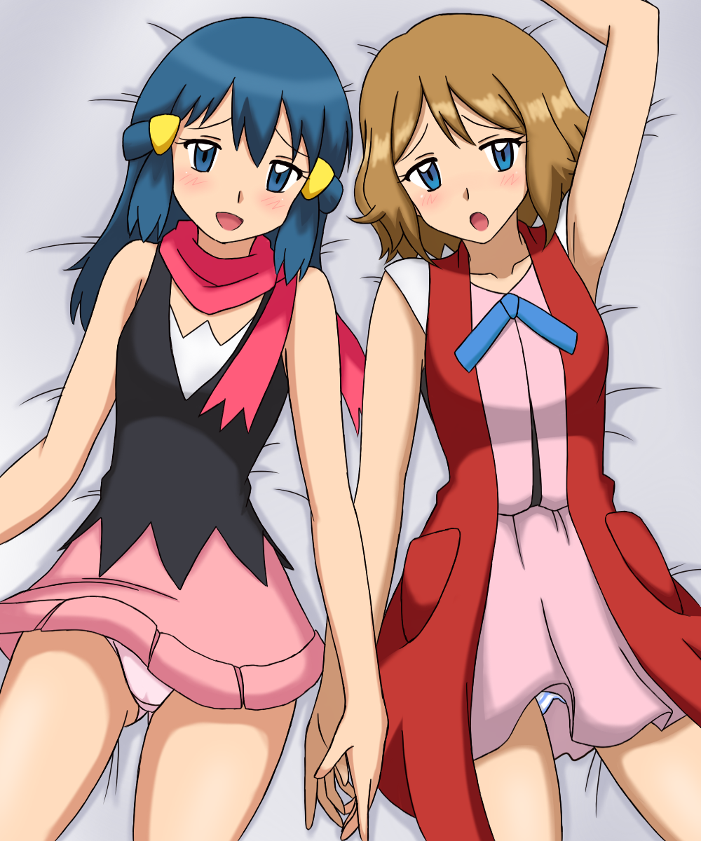 2girls :d :o absurd_res alluring arm arm_up arms art babe bare_arms bare_legs bare_shoulders bed black_dress blonde_hair blue_eyes blue_hair blush brown_hair collarbone cowboy_shot dawn dawn_(pokemon) dress from_above from_behind hair hair_ornament hand_holding high_res highres hikari_(pokemon) kuro_hopper legs light_brown_hair long_hair looking_at_viewer lying multiple_girls mutual_yuri neck nintendo no_hat on_back open_mouth panties pantyshot pantyshot_(lying) pink_dress pink_skirt pokemon pokemon_(anime) pokemon_(game) pokemon_dppt pokemon_xy red_scarf scarf serena serena_(pokemon) short_hair skirt sleeveless sleeveless_dress smile underwear vest yuri