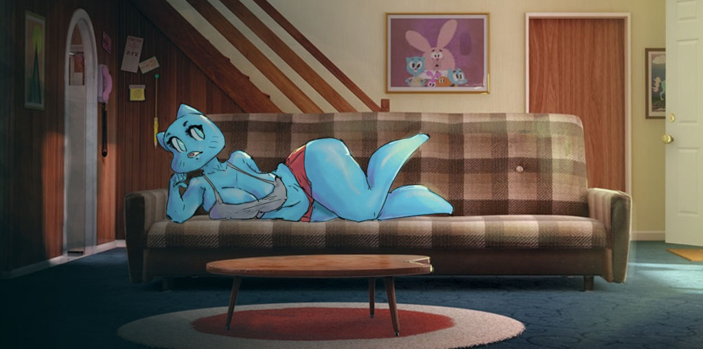 1girl 1girl anthro ass big_breasts blue_fur breast_rest breasts cat cleavage clothed clothing feline fur furry huge_breasts mammal mature_female milf nicole_watterson parent shirt snappyfishnugget tank_top the_amazing_world_of_gumball wide_hips