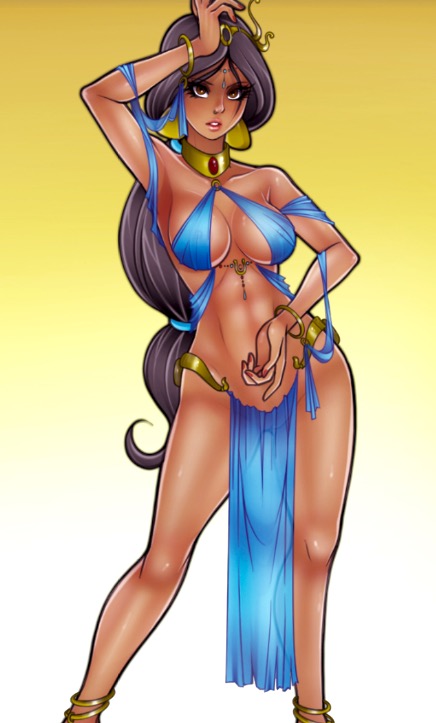 1girl aladdin_(series) alluring arab arabian_clothes artist_name bare_shoulders bikini_top bracelet breasts cleavage clothed covering curvy dark_hair dark_skin disney earrings female_abs female_only forehead_jewel green_eyes harem hips jago_dibuja jewelry legs long_hair necklace non-nude parted_lips princess_jasmine revealing_clothes sexy slut solo_female standing stomach thighs toned