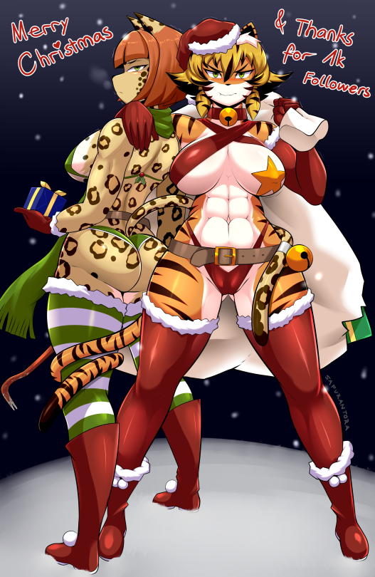1girl abs anthro ass bell better_version_at_source big_breasts bikini breasts choker christmas clothed clothing duo feline furry gift holidays legwear looking_at_viewer mammal muscular muscular_female pasties saffron_(safurantora) safurantora snow stockings swimsuit tiger wide_hips
