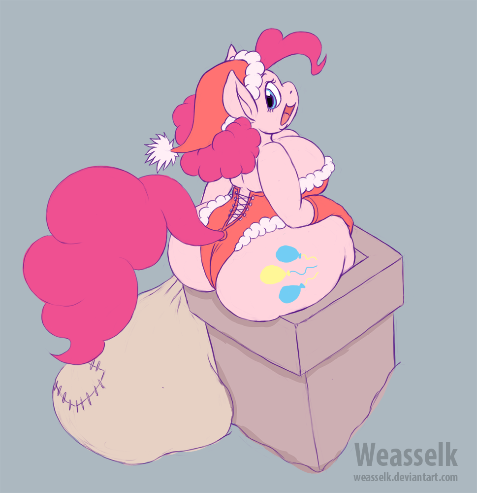 1girl 2015 anthro anthrofied blue_eyes breasts butt chimney christmas christmas_outfit clothed clothing cutie_mark earth_pony equine female_only friendship_is_magic furry gloves hair hat holidays horse long_hair mammal my_little_pony open_mouth pink_hair pinkie_pie pony santa_hat sitting smile solo_female weasselk wide_hips