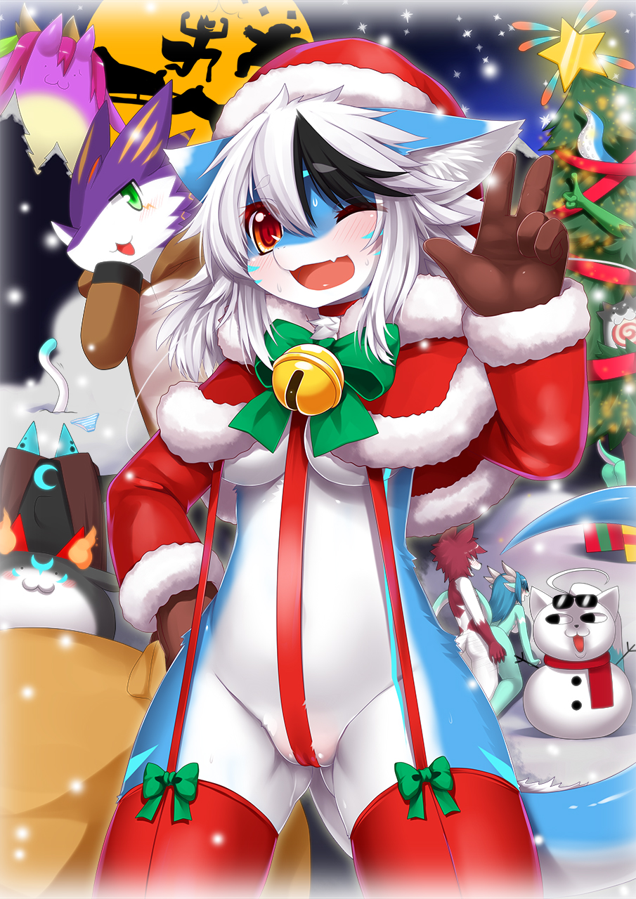 1girl 2015 anthro blush breasts christmas dog dragon furry high_res no_humans open_mouth red_eyes sex short_hair smile white_hair wolf wolflong