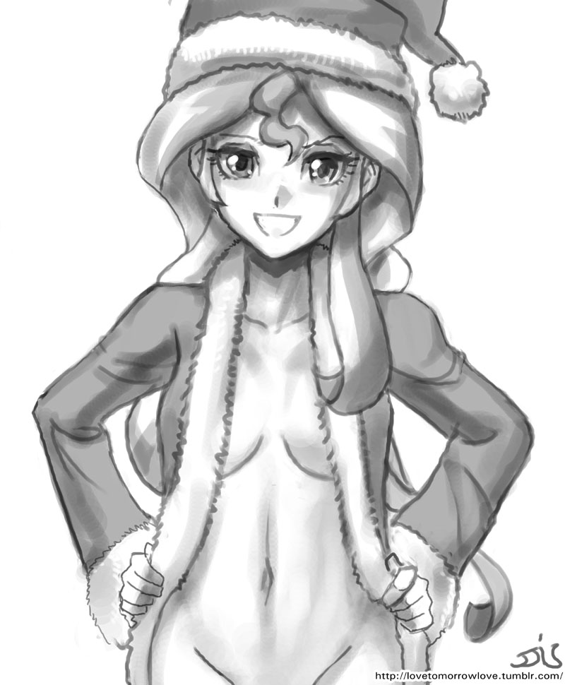 1girl breasts christmas cleavage coat equestria_girls friendship_is_magic hair hat headgear john_joseco long_hair monochrome my_little_pony nude santa_hat smile sunset_shimmer white_background