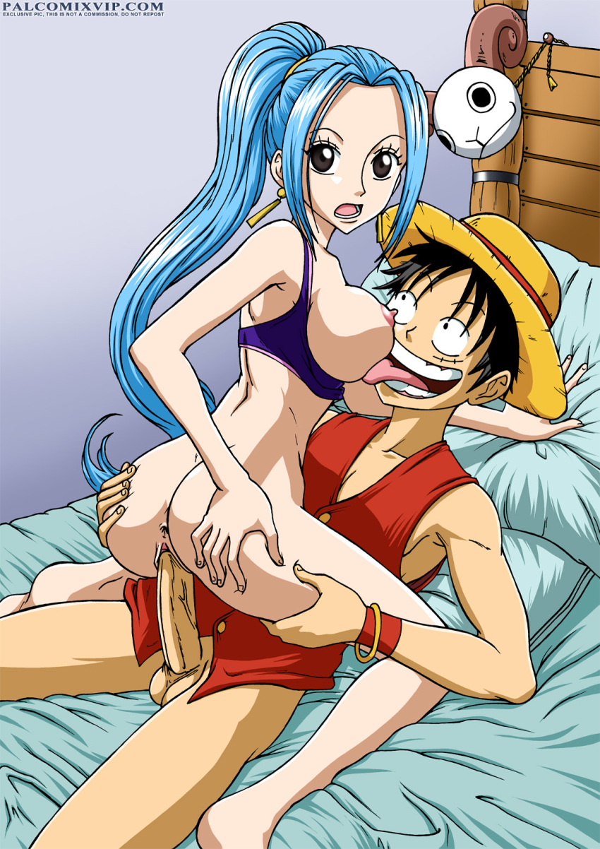 1_female 1_male 1boy 1girl anus ass ass_grab balls bed bedroom breasts cowgirl_position erect_nipples girl_on_top hand_on_ass hand_on_hip licking_breast male male/female monkey_d._luffy monkey_d_luffy nefertari_vivi nipples one_piece penis penis_in_pussy pussy vaginal