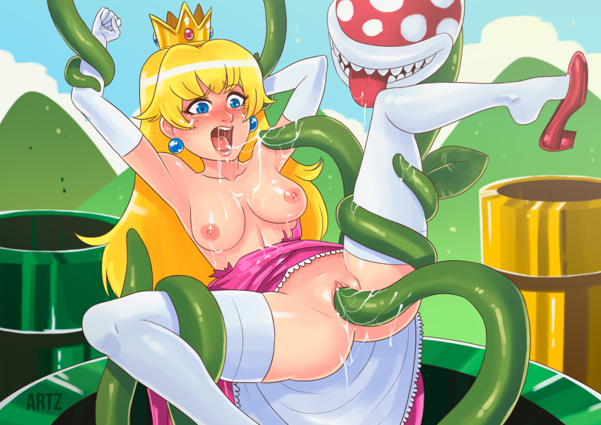 1girl areola artist_name artz blonde_hair blue_eyes breasts crown earrings elbow_gloves high_heels nipples open_mouth piranha_plant princess_peach pussy saliva stockings super_mario_bros. tongue tongue_out torn_clothes vaginal_object_insertion vines