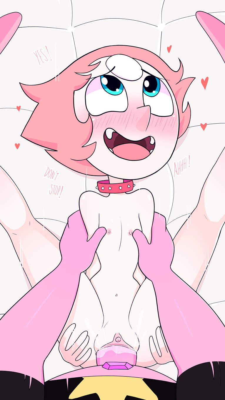 1girl ahegao blue_eyes blush collar heart nipples nude open_mouth pearl_(steven_universe) penis pink_hair pussy sex short_hair small_breasts smile spread_legs steven_universe text