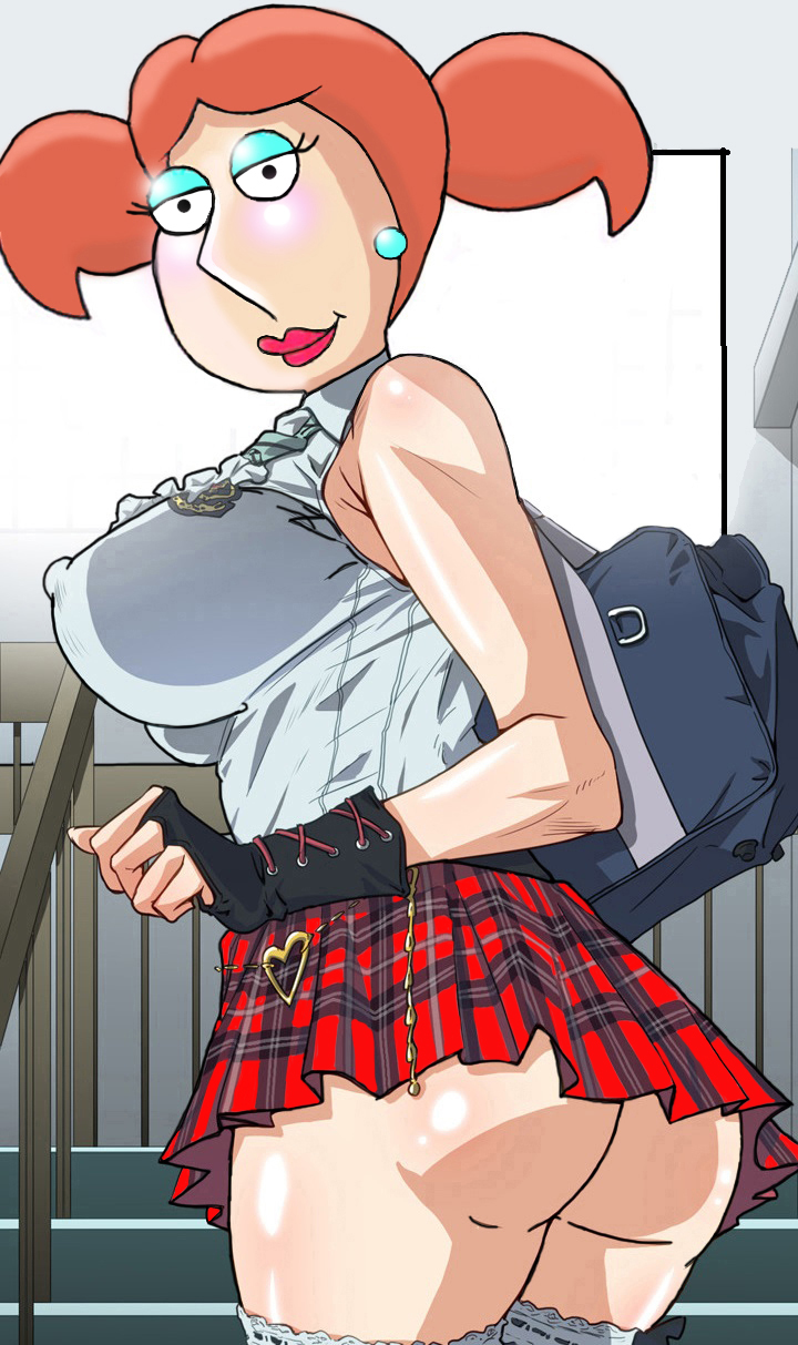 breasts eyeshadow family_guy gloves hentai_edit huge_breasts lois_griffin looking_at_viewer looking_back micro_skirt microskirt mini_skirt miniskirt nipple nipples_through_clothes no_panties pigtails pleated_skirt school_days school_uniform stairs twintails