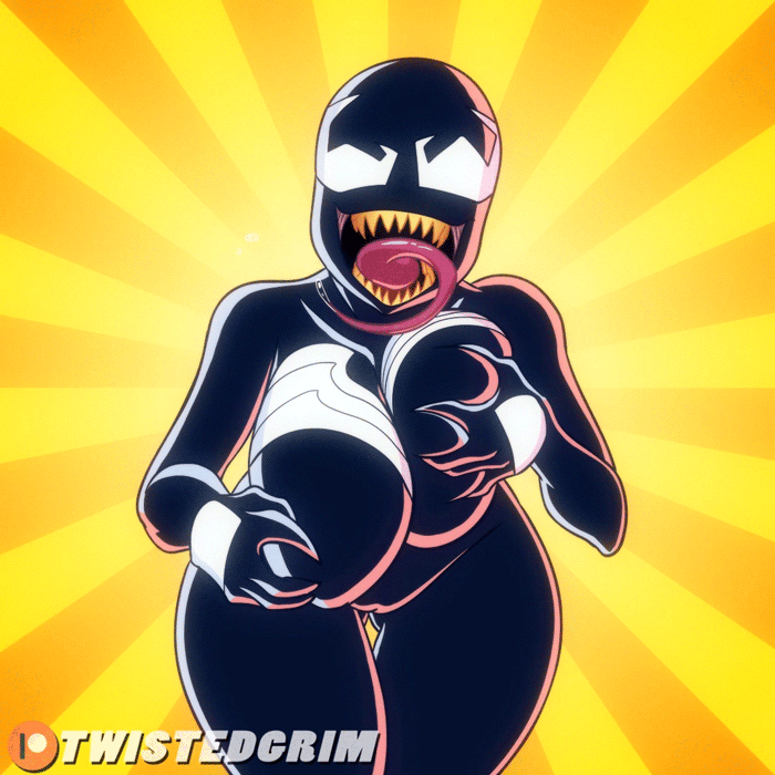 1girl 2019 alien animated ass bent_over big_breasts bouncing_breasts breast_grab female female_only gif grin huge_breasts long_tongue looking_at_viewer loop marvel marvel_comics mouth_open open_mouth orange_background saliva she-venom solo_female spider-man_(series) symbiote teeth thick tongue_out twistedgrim very_long_tongue white_eyes