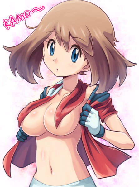 1girl bandanna blue_eyes breasts brown_hair convenient_censoring female gloves haruka_(pokemon) humans_of_pokemon kamo large_breasts looking_at_viewer may_(pokemon) navel no_bra open_clothes open_shirt pokemoa pokemon pokemon_(anime) shirt short_hair solo undressing