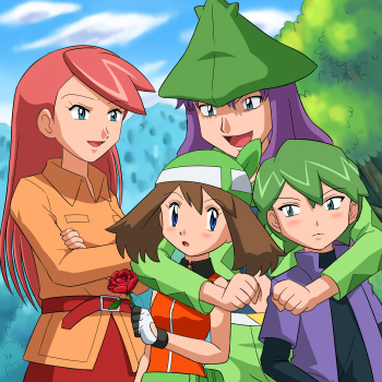 2boys 2girls :d :o alternate_costume arm_around_neck bandanna bangs belt belt_pouch blue_eyes blush brown_hair cloud coat couple crossed_arms drew drew_(pokemon) embarrassed flower gloves green_hair harley_(pokemon) haruka_(pokemon) hat holding hug hug_from_behind hugging long_hair long_sleeves looking_at_another lowres may mountain multiple_boys multiple_girls nintendo open_clothes open_mouth open_shirt outdoors pants pokemoa pokemon pokemon_(anime) purple_hair red_hair red_rose rose saori_(pokemon) shirt short_hair short_sleeves shuu_(pokemon) sky smile soara swept_bangs tree