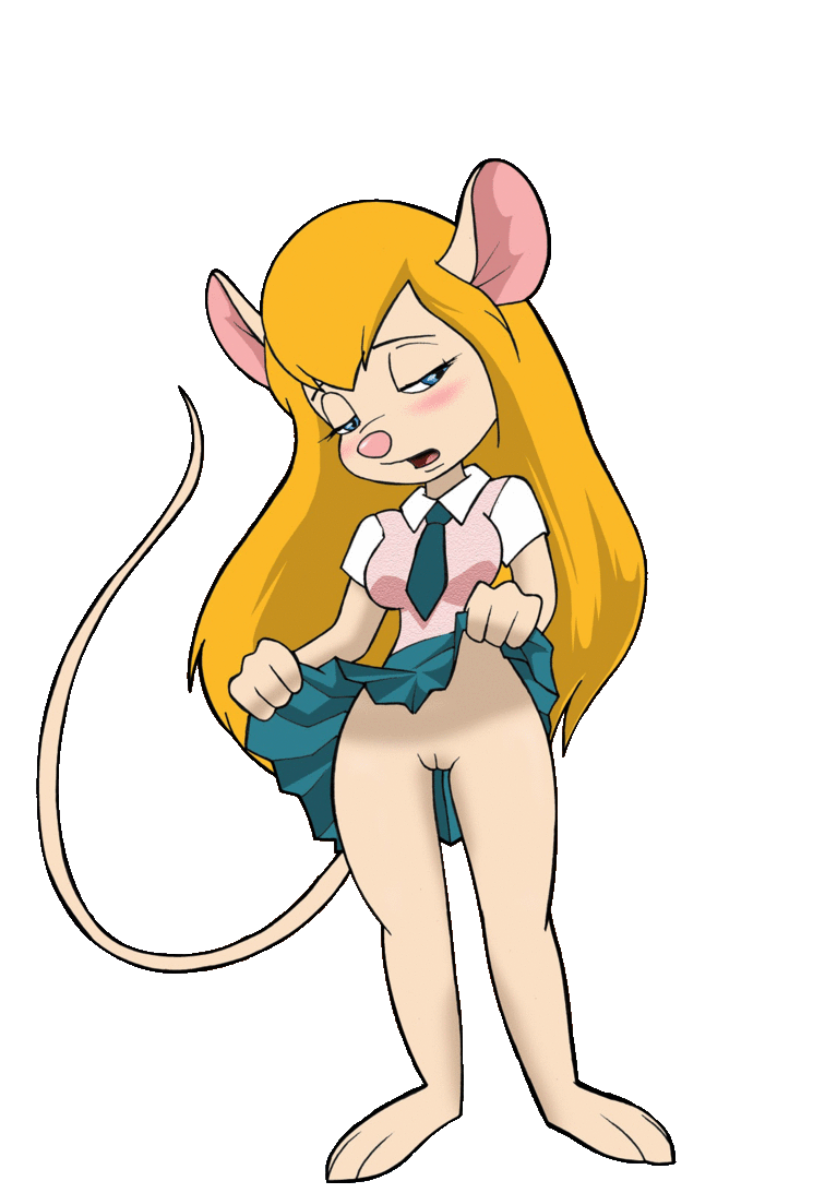 1girl anthro blonde blue_eyes blush bottomless chip_'n_dale_rescue_rangers cute disney female furry gadget_hackwrench long_hair mammal mouse no_panties pussy schoolgirl shy simple_background skirt transparent_background