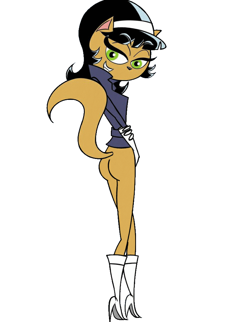 1girl anthro ass backshot black_hair boots bottomless cat feline furry gloves green_eyes kitty_katswell nickelodeon simple_background smile t.u.f.f._puppy tail transparent_background