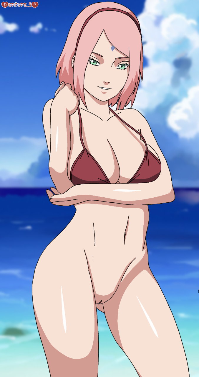 1girl alluring bare_legs big_breasts bikini bikini_top_only boruto:_naruto_next_generations cleavage darkuro_27 facial_mark female_only forehead_mark hairband looking_at_viewer mature mature_female midriff milf naked_from_the_waist_down naruto naruto_(series) pussy sakura_haruno shoulder_length_hair smile solo_focus swimsuit upper_body