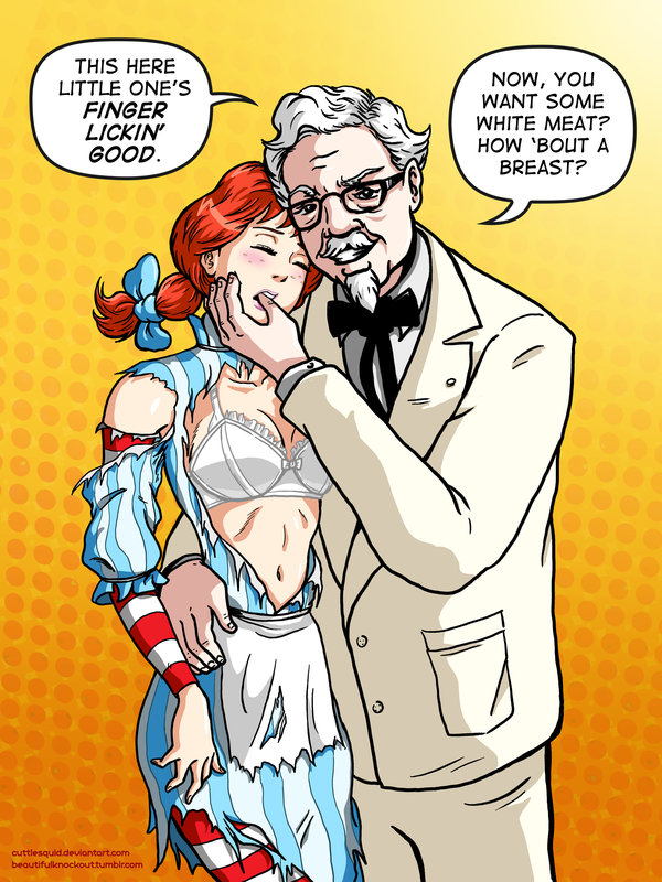 bow bra breasts clothes clothing colonel_sanders cuttlesquid dominated finger_lickin_good kfc orange_background polka_dot_background text torn_clothes unconscious wendy's wendy_(wendy's)