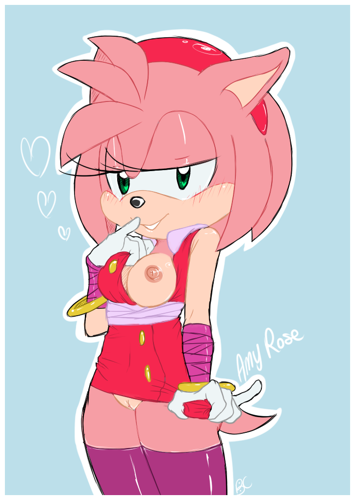 1girl amy_rose anthro areola blue_background bluechika blush breasts clothing furry gloves hair heart looking_at_viewer nipples pink_hair pussy sega simple_background smile sonic_boom teasing undressing video_games white_border