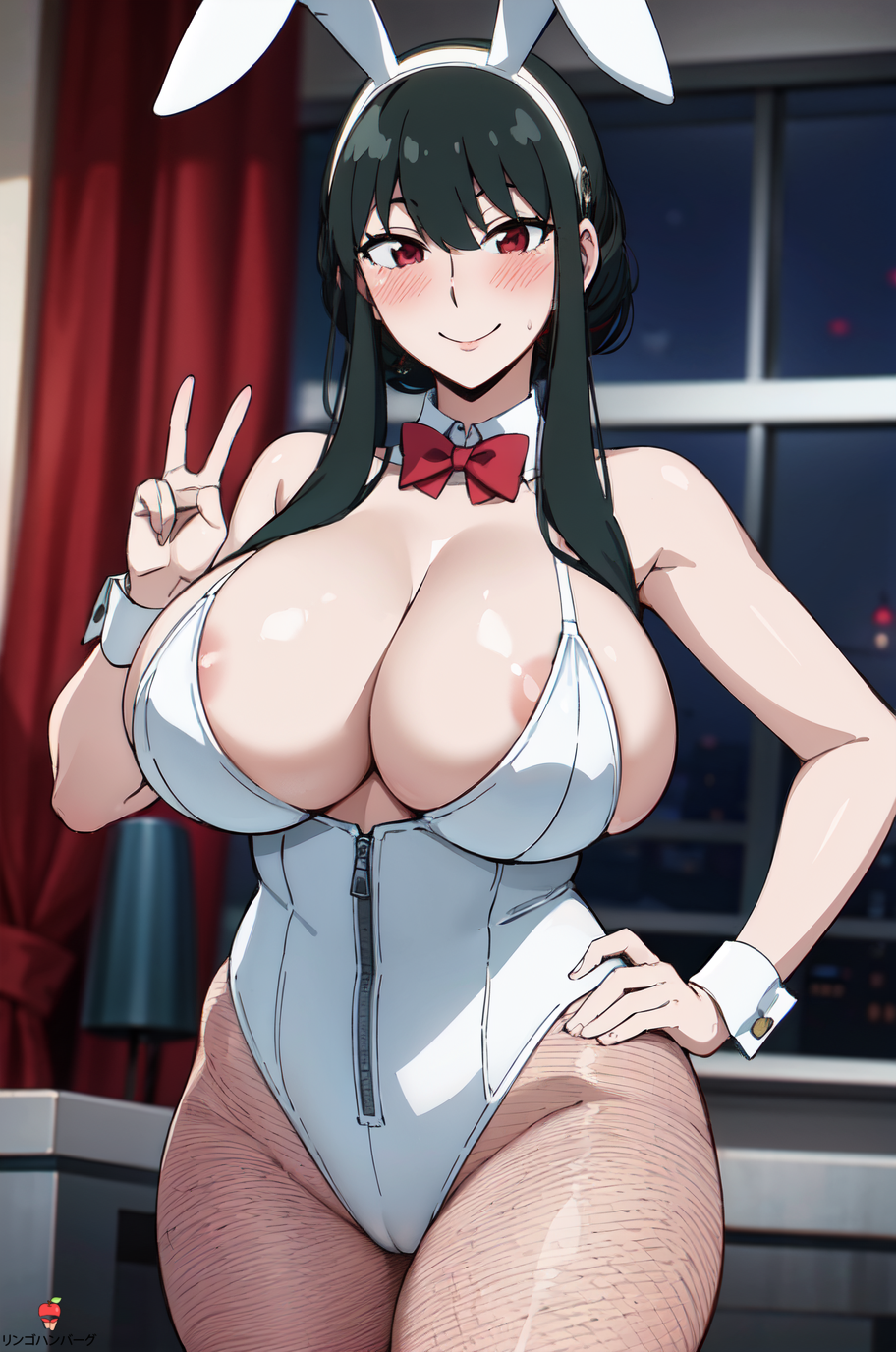 1girl 1girl ai_generated bare_shoulders big_breasts big_breasts black_hair bowtie bunny_ears bunny_girl bunnysuit cleavage detached_collar detached_sleeves fake_animal_ears female_only fishnet_pantyhose fishnets hair_ornament hourglass_figure huge_breasts leotard mature mature_female milf nai_diffusion pantyhose pose posing posing_for_the_viewer red_eyes revealing_clothes ringohanbagu skimpy skimpy_clothes smile spy_x_family stable_diffusion strapless strapless_leotard thick_thighs thighs tied_hair voluptuous voluptuous_female waving waving_at_viewer wide_hips yor_briar yor_forger