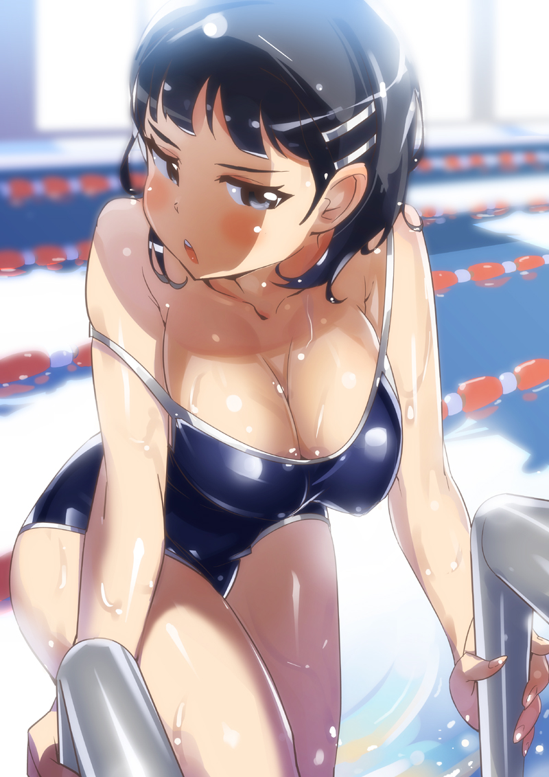 1girl bangs big_breasts black_eyes black_hair blue_swimsuit blush breasts cleavage collarbone competition_school_swimsuit hair_ornament hairclip kirigaya_suguha large_breasts leaning_forward looking_at_viewer off_shoulder one-piece_swimsuit open_mouth pool pool_ladder school_swimsuit shiny short_hair solo strap_slip swimsuit sword_art_online tashiromotoi taut_clothes teeth wet wet_hair