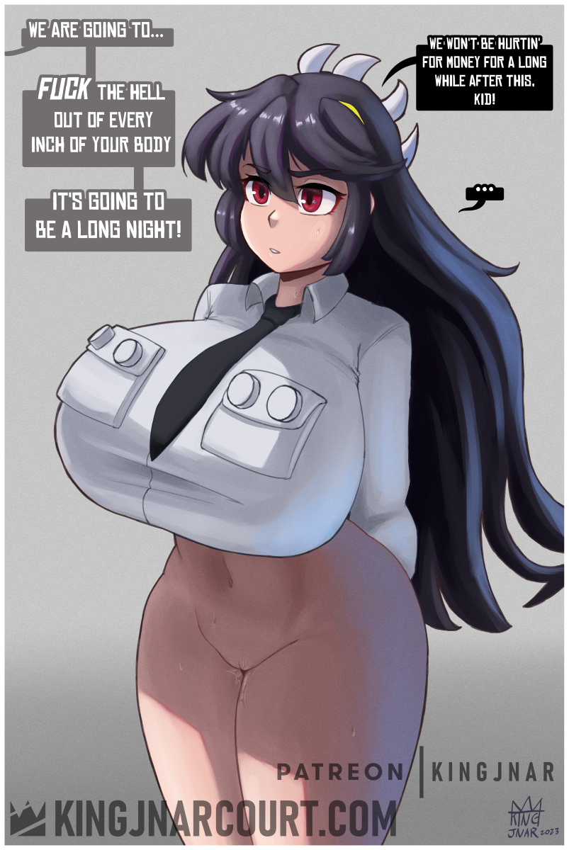 1girl 1girl black_hair bottomless breasts filia_(skullgirls) high_res huge_breasts implied_prostitution kingjnar long_hair navel neck_tie no_panties red_eyes samson_(skullgirls) shirt skullgirls stomach thick_thighs thighs wide_hips