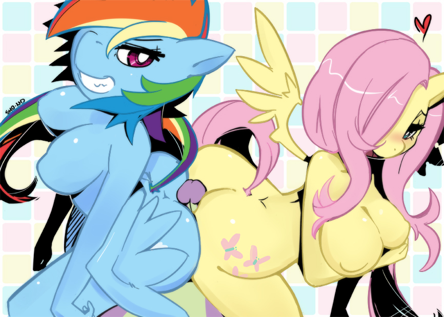 anthro blue_eyes breasts buttjob cutie_mark double_buttjob equine fluttershy friendship_is_magic heart multicolored_hair my_little_pony pink_hair purple_eyes rainbow_dash sho_nd spike wings