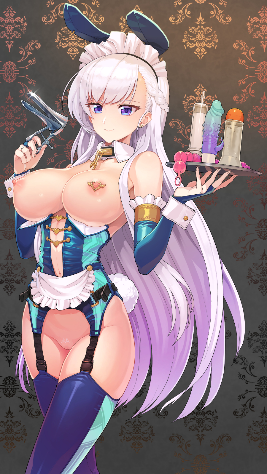 1girl anal_beads animal_ears apron azur_lane belfast_(azur_lane) big_breasts braid breasts bridal_gauntlets brown_hair bunny_ears bunny_girl bunny_tail closed_mouth collar detached_collar dildo earrings elbow_gloves fake_animal_ears fake_tail fingernails floating_hair french_braid frilled_apron frilled_gloves frills gloves high_resolution holding holding_object holding_tray jewelry long_hair looking_at_viewer lube maid_headdress nipple_piercing nopan piercing pubic_hair purple_eyes purple_gloves purple_legwear pussy revealing_clothes ring sex_toy side_braid sidelocks smile speculum standing stockings supurai syringe tail tied_hair tray very_long_hair vibrator waist_apron wedding_band white_apron white_hair wrist_cuffs