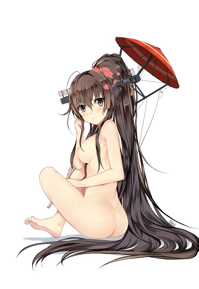 1girl 1girl ass barefoot bba1985 blush breasts brown_hair feet high_resolution kantai_collection long_hair looking_at_viewer nipples nude ponytail tied_hair umbrella very_long_hair white_background yamato_(kantai_collection)
