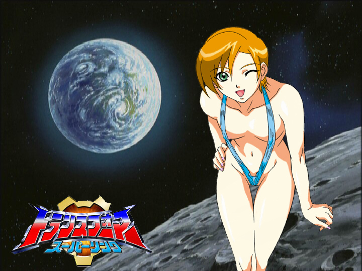 1girl blush breasts earth erect_nipples female green_eyes hand_on_hip happy hips leaning_forward legs moon mound_of_venus nail_polish navel nipples one-piece_swimsuit one_eye_closed orange_hair outdoors outside pink_nails planet sally_jones short_hair sideboob sling_bikini small_breasts smile solo space star swimsuit transformers transformers_energon transformers_superlink wink