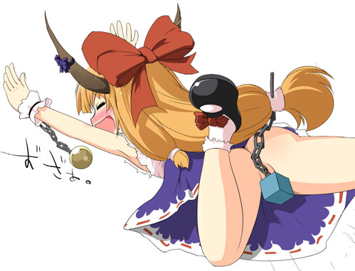 1girl \o/ arms_up bobby_socks bow brown_hair censored chain chains convenient_censoring dress drunk female footwear hair_bow hair_ribbon horns ibuki_suika kotatsu_(artist) long_hair lowres mary_janes no_panties orange_hair outstretched_arms ribbon ribbons shoes socks solo suika_ibuki touhou