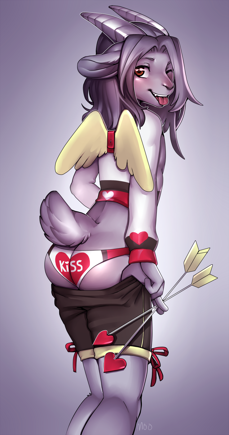 1girl 2016 anthro arrow ass brown_eyes caprine clothed clothing crossdressing digital_media_(artwork) fur furry girly goat goatmancer gradient_background grey_fur grey_hair hair holidays horn long_hair male mammal monamoo one_eye_closed panties pants_down partially_clothed shorts simple_background tongue tongue_out underwear valentine's_day wink