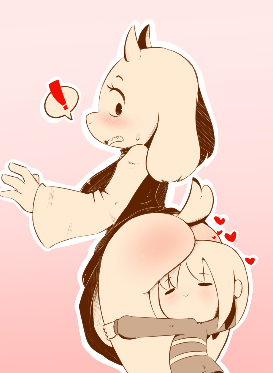 ! 1girl androgynous anthro ass bigger_female child embarrassed frisk frisk_(undertale) from_behind gradient_background hug human larger_female monochrome spoken_exclamation_mark spoken_exclamation_point tail toriel undertale undertale_(series) young young_human younger_human