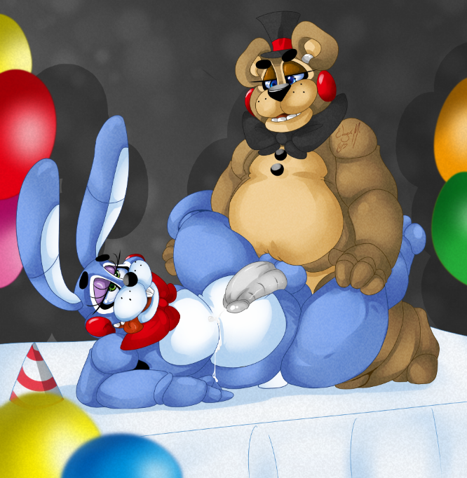 2015 2boys anal anal_sex animatronic anthro balloon balls barefoot bear black_nose blue_body blue_eyes blue_fur bonnie_(fnaf) bow bow_tie brown_body brown_fur buckteeth chubby cum cum_on_body erection five_nights_at_freddy's five_nights_at_freddy's_2 freddy_(fnaf) frots fur gay half-closed_eyes hat lagomorph long_ears looking_down looking_up lying machine male male/male male_penetrated male_penetrating male_penetrating_male mammal nude on_back open_mouth penetrated penetration rabbit raised_leg robot rosy_cheeck sex sitting smile spread_legs spreading teeth thick_thighs tongue tongue_out toy_bonnie_(fnaf) toy_freddy_(fnaf) video_games yaoi