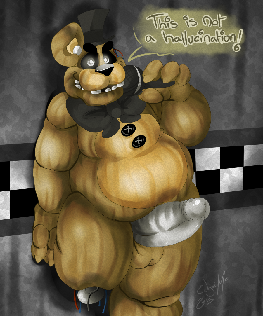 ! 1boy against_wall animatronic anthro balls bear big_penis black_nose bow bow_tie brown_body brown_fur buttons chubby claws dialogue english_text erection five_nights_at_freddy's five_nights_at_freddy's_3 frots fur gay glowing glowing_eyes grabbing_microphone hat holding_microphone looking_at_viewer machine male male_only mammal metal_penis microphone nude open_mouth penis phantom_freddy_(fnaf) raised_arm raised_leg robot smile solo standing teeth text thick_penis thick_thighs top_hat video_games wire yaoi