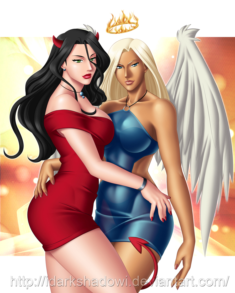 2_girls absurd_res angel angel_and_devil arm bare_arms bare_legs bare_shoulders big_breasts black_hair blonde_hair blue_dress blue_eyes bracelet breasts collarbone criss-cross_halter demon_girl demon_tail devil_and_angel dress earrings female_only green_eyes hair half-closed_eyes halo high_res horns hugging idarkshadowi_(artist) jewelry legs lips lipstick long_hair looking_at_viewer looking_back love makeup multiple_girls mutual_yuri nail_polish neck necklace off-shoulder_dress pink_lipstick pink_nails red_dress red_lipstick red_nails red_tail see-through smile standing strapless strapless_dress tail thedarkness white_hair white_wings wings yuri
