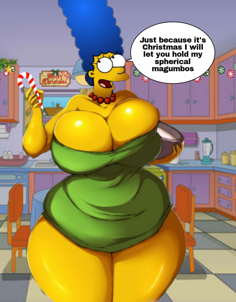 1girl 2020 5_fingers big_breasts blue_hair bowl breasts bursting_breasts christmas cleavage cooking dialogue dress edit english_dialogue english_text female female_only green_dress holding_object hourglass_figure huge_breasts jewelry large_breasts looking_away marge_simpson milf milk my_mother's_basement necklace solo solo_female superix text the_simpsons thick_thighs voluptuous whoa_look_at_those_magumbos wide_hips xmas yellow_skin