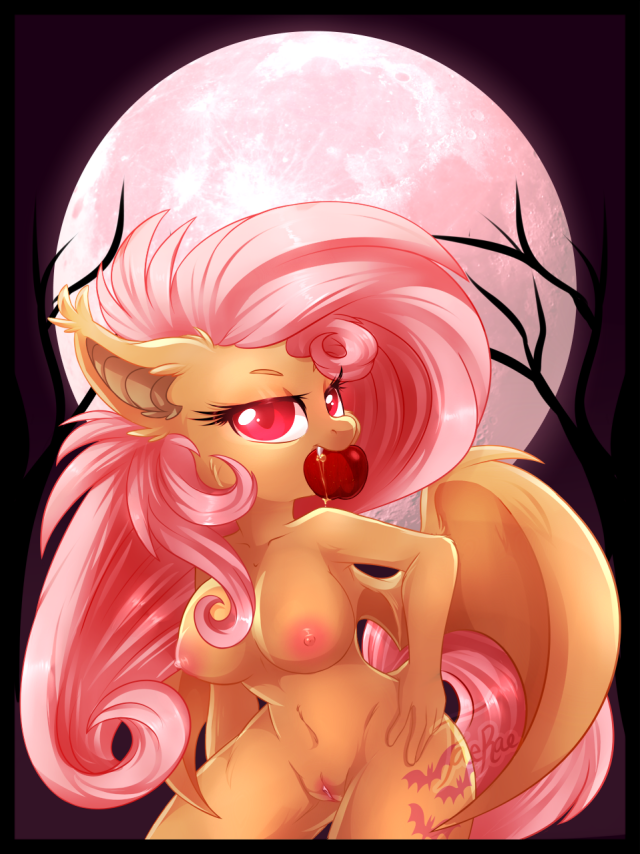 1girl apple big_breasts breasts fang fluttershy friendship_is_magic furry hair long_hair looking_at_viewer moon my_little_pony nipples nude pink_hair pointed_ears pussy red_eyes tail vampire wings