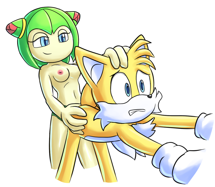1boy 1girl anal blue_eyes breasts cosmo_the_seedrian fox green_hair medium_breasts miles_"tails"_prower naughty_face nervous nipples pain pegging penetration seedrian sega sonic_the_hedgehog_(series) sonic_x teeth white_gloves yellow_fur