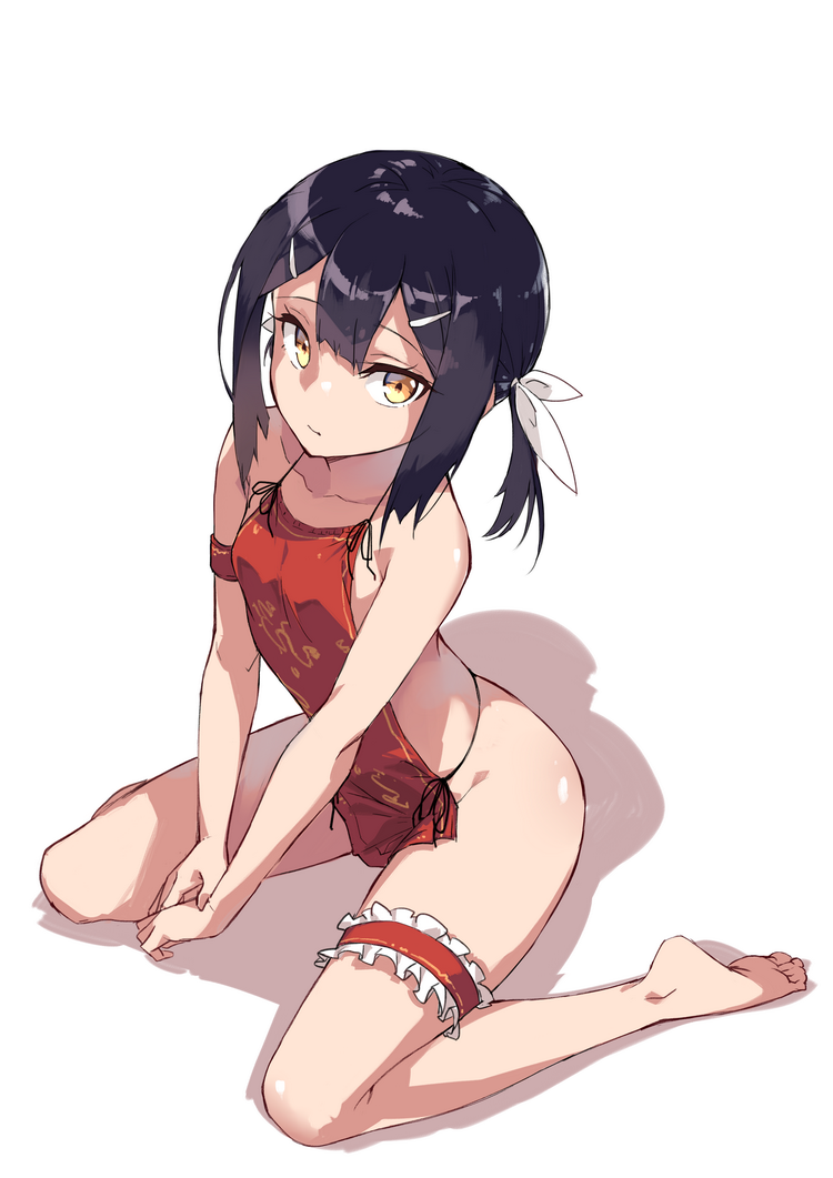 1girl armlet bare_arms bare_back bare_legs bare_shoulders barefoot black_hair black_ribbon clavicle collarbone fate/kaleid_liner_prisma_illya fate_(series) feet frills from_above full_body hair_ornament hairclip hands_together leg_garter legs looking_at_viewer looking_up low_ponytail miyu_edelfelt nightmaremk2 ponytail ribbon short_hair short_ponytail sidelocks sitting soles solo thighs tied_hair toes tsurime v_arms viewed_from_above wariza white_background yellow_eyes