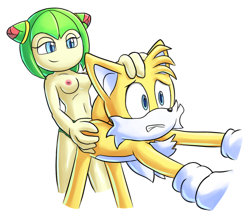 1boy 1girl anal blue_eyes breasts cosmo_the_seedrian doggy_position fox green_hair medium_breasts miles_"tails"_prower naughty_face nervous nipples pain pegging penetration seedrian sega sonic_the_hedgehog_(series) sonic_x tails teeth white_gloves yellow_fur