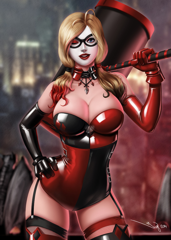 1girl batman_(series) dc dc_comics harley_quinn latex leotard lingerie wink