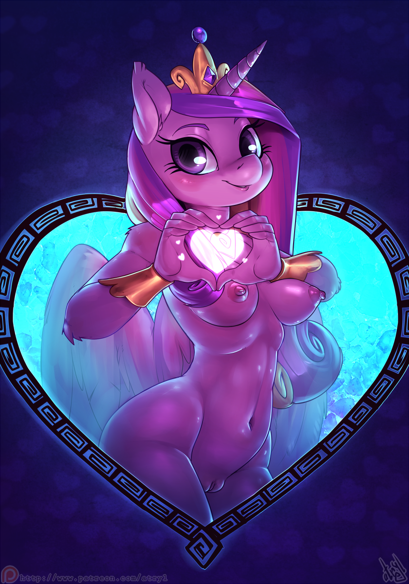 1girl 2016 anthro anthrofied areola atryl belly breasts equine feathered_wings feathers furry hair heart highres holidays horn long_hair looking_at_viewer mammal midriff mostly_nude multicolored_hair my_little_pony navel nipples patreon princess_cadance pussy smile valentine's_day winged_unicorn wings