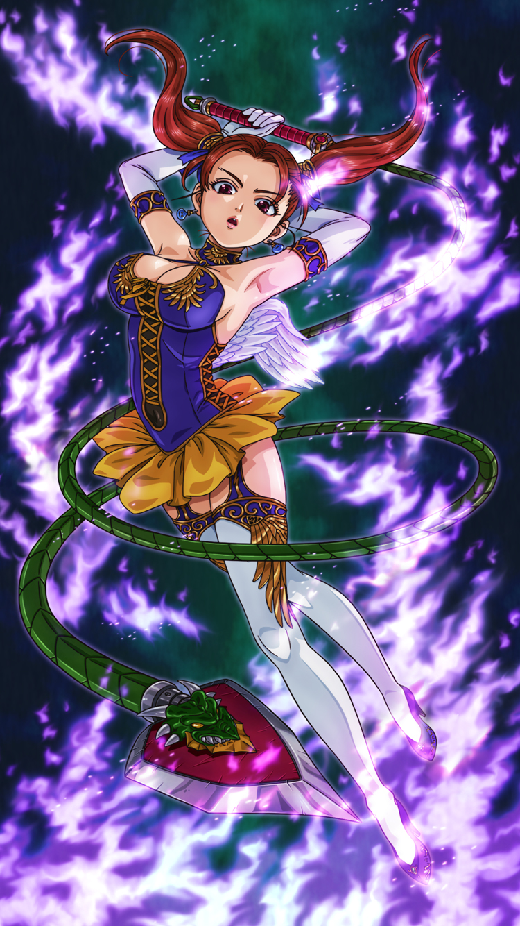 1girl alternate_costume big_breasts breasts cleavage dragon_quest dragon_quest_viii earrings elbow_gloves fuji_shuuji garter_straps gloves high_heels highres jessica_albert jewelry leotard long_hair magic red_eyes red_hair solo square_enix thighhighs twin_tails whip white_wings wings