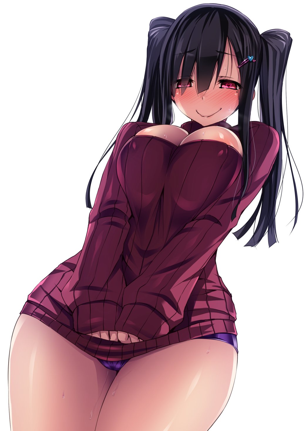 1girl big_breasts black_hair blush breasts cleavage cleavage_cutout clothes_tug covered_nipples cowboy_shot dutch_angle from_below hair_ornament hairclip heart heart-shaped_pupils high_res jpeg_artifacts long_hair looking_down mole mole_under_eye open-chest_sweater original original_character panties purple_eyes purple_panties pussy_juice ribbed_sweater satou_kuuki simple_background sleeves_past_wrists smile sweat sweater sweater_tug symbol-shaped_pupils tareme twin_tails underwear wet_panties white_background wide_hips