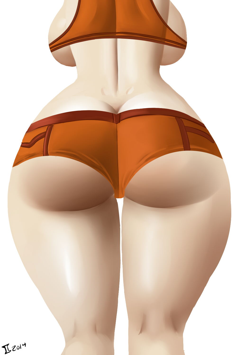 1girl 2014 ass big_ass big_breasts breasts fuckable gray_impact nintendo samus_aran shorts simple_background solo tight_clothes white_background
